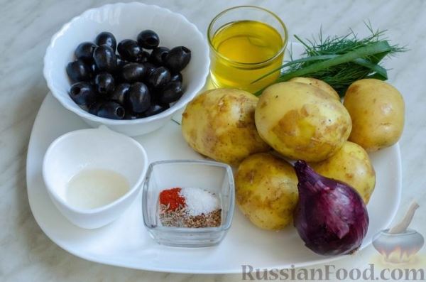 Салат из молодого картофеля с маслинами и луком